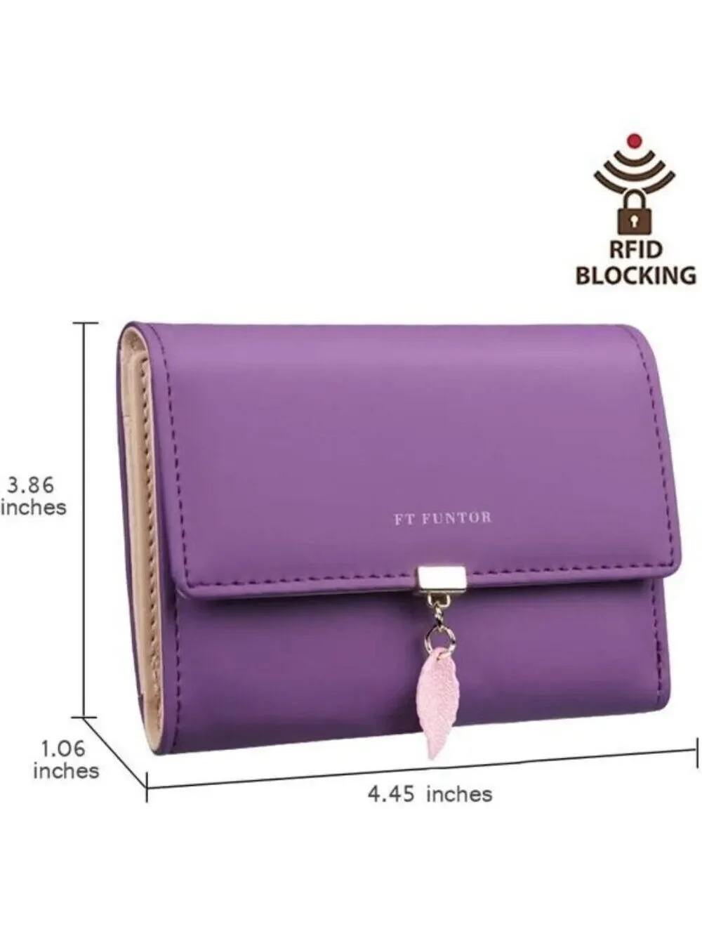 RFID Purple Wallet Leaf Card Holder Trifold Ladies Wallet with Zipper Pocket
